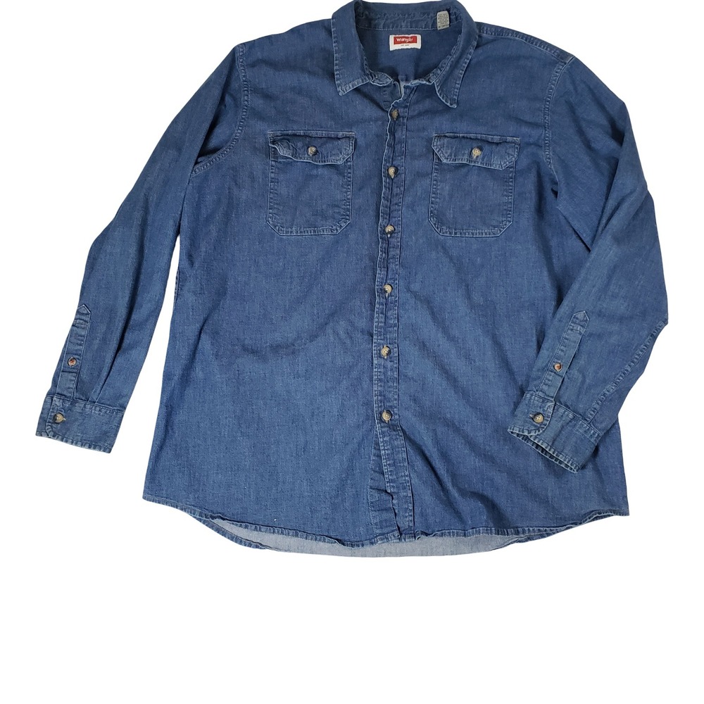 Wrangler Mens 2XL Blue Denim Button Down Shirt Long Sleeve Stretch HLD5AWB